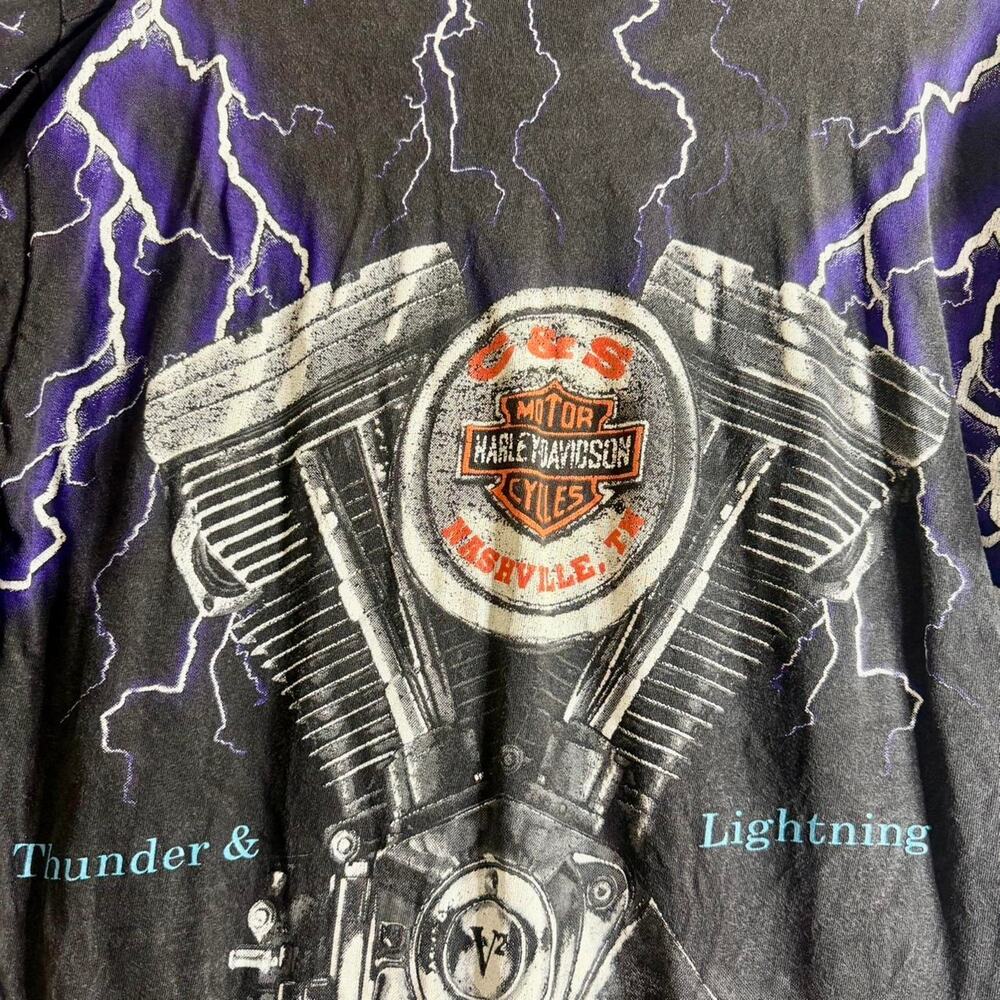90's HARLEY DAVIDSON THUNDER & LIGHTNING NASHVILLE all over print tee shirt L